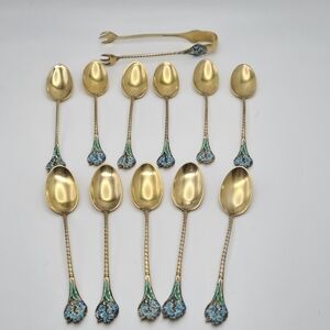 Gorham Sterling & Enamel Flowers Demitasse Spoons Set of 11 & Sugar Tong #808